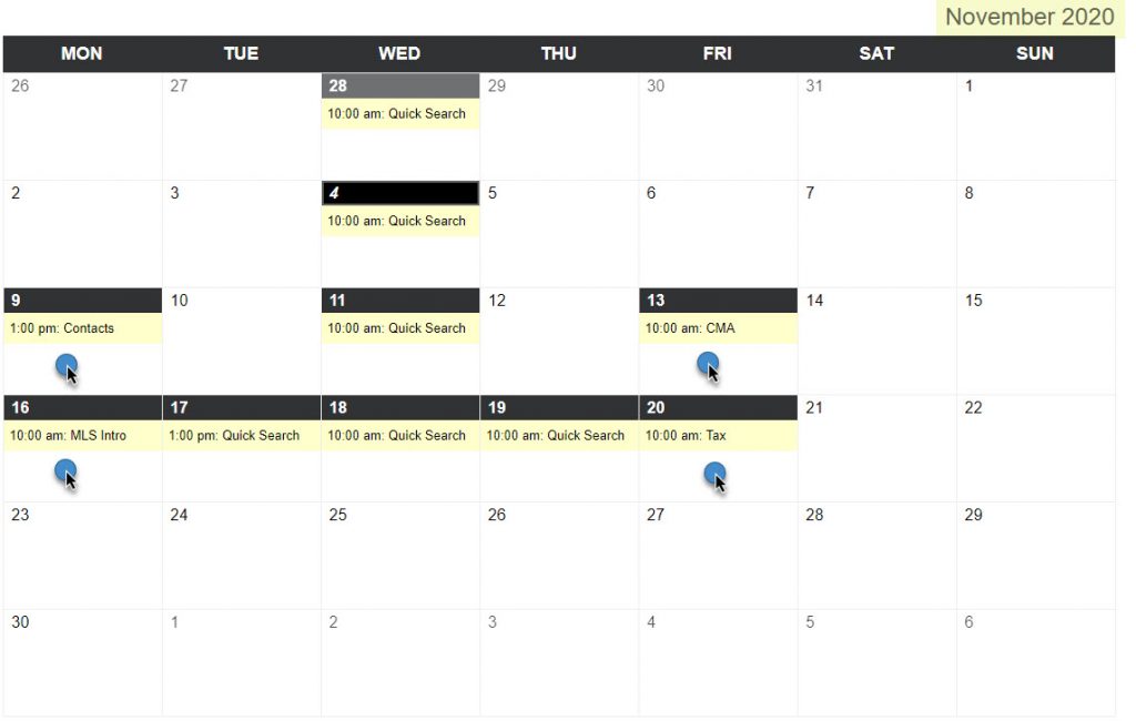 Calendar with Dates of Training Classes