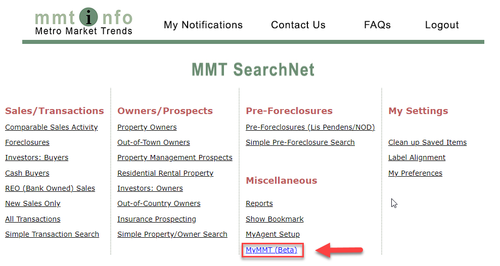 MMT SearchNet Home Screen