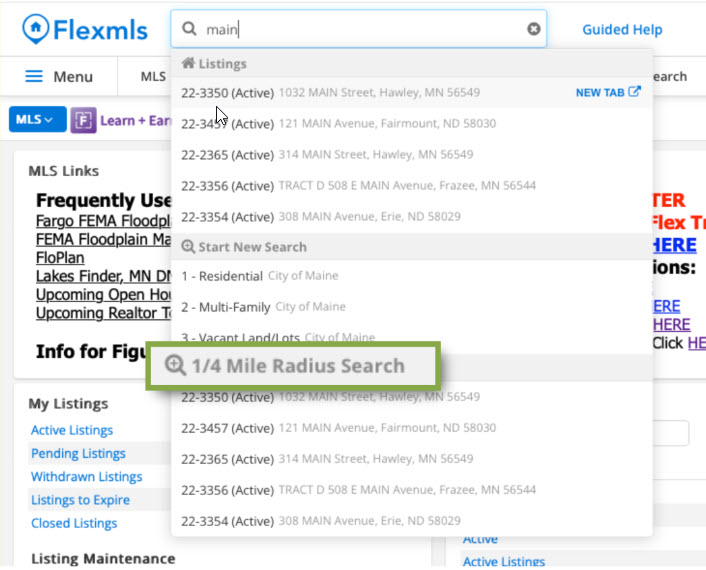 1/4 mile radius search in Flexmls