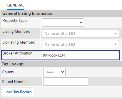 Screenshot of the General tab in an Incomplete listing with the Broker Attribution field outlined in blue.