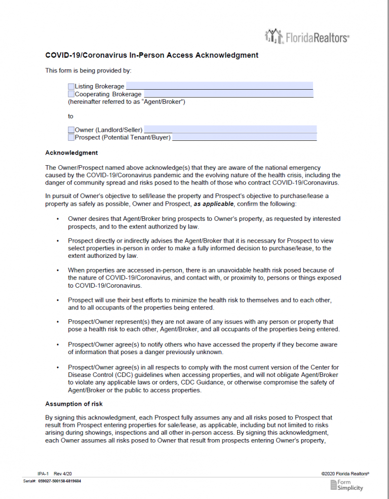 in person access agreement Acknowledgement addendum for Covid-19