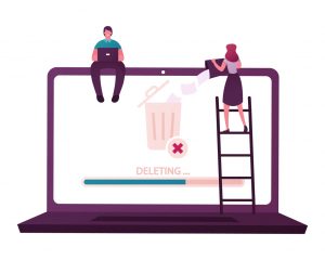 Tiny Male and Female Characters Deleting Data. Man Sitting on Huge Laptop Working on Pc, Woman Throw File from Litter Bin to Waste Basket on Computer Desktop Screen. Cartoon People