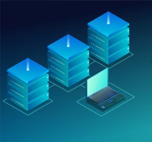Data center isometric banner with laptop and servers