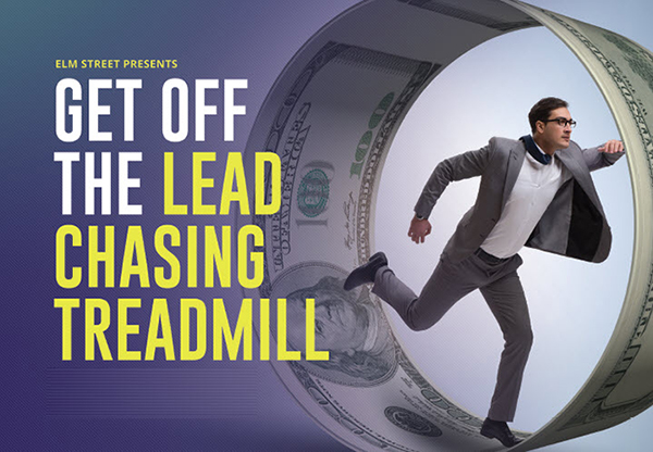 Elevate Presents Get Off the Lead Chasing Treadmill with a man running inside a dollar bill