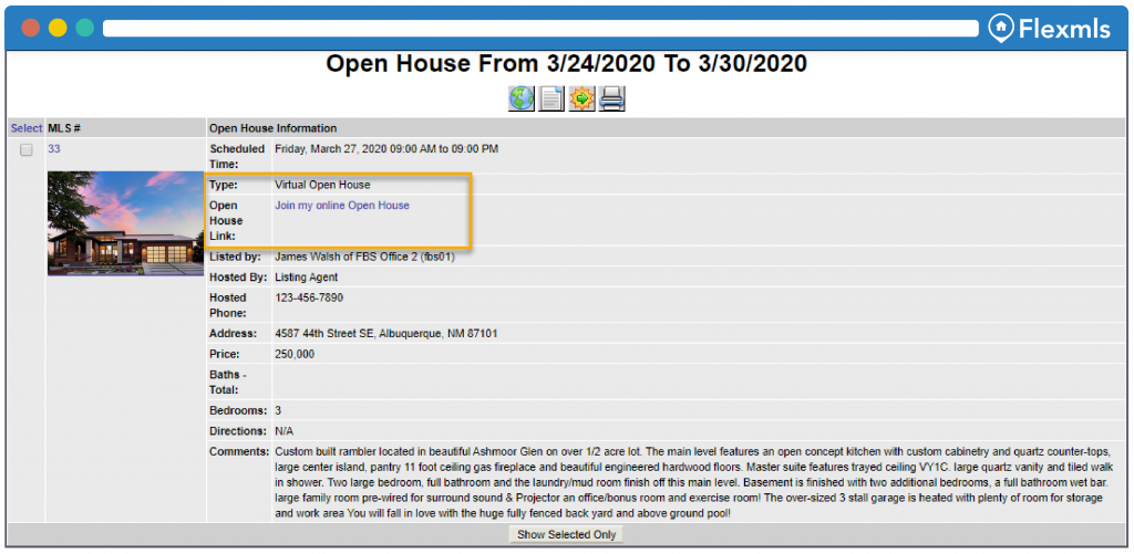 here we show how to search for a virtual open house and what it looks like in the results