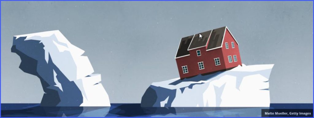 House on an ice berg falling into the ocean