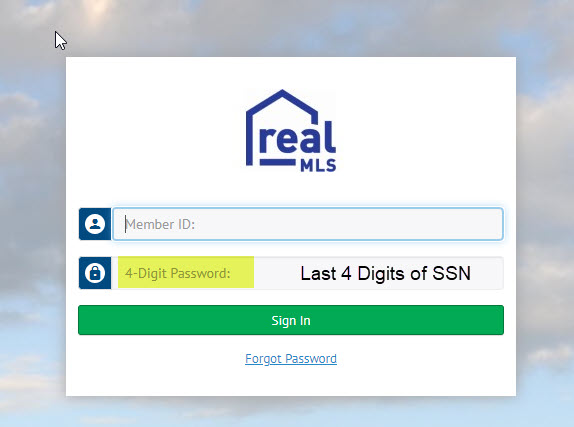 reaMLS Member Id and Pass code login page