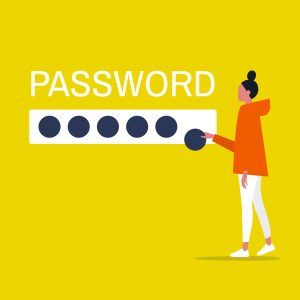 Cyber security. Young female character entering a password