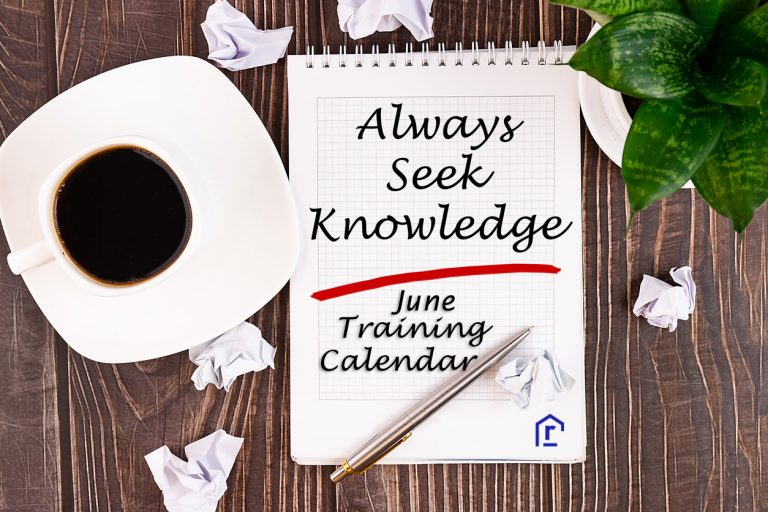 Always seek knowledge, an inscription in a notebook on a wooden table with a pen and a cup of coffee.and June Training Calendar